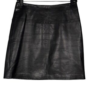 Cache Vintage Black Leather Mini Skirt Size 2 A-Line Genuine 100% Leather